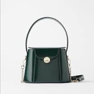 Zara Crossbody Box Bag Top Handle Satchel Mini Forest Green Patent Faux Leather